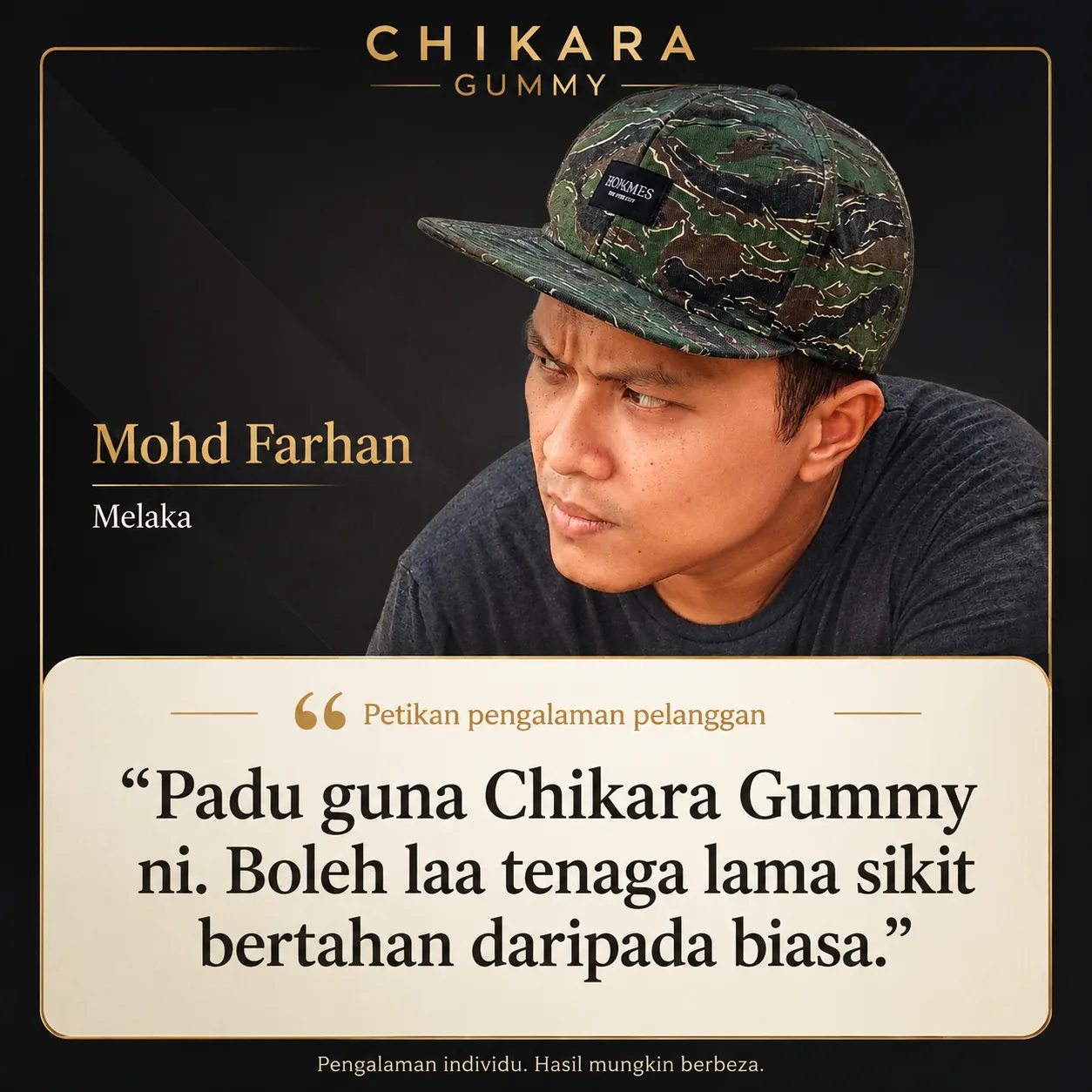 Poster petikan pengalaman pelanggan CHIKARA Gummy — Mohd Farhan, Melaka