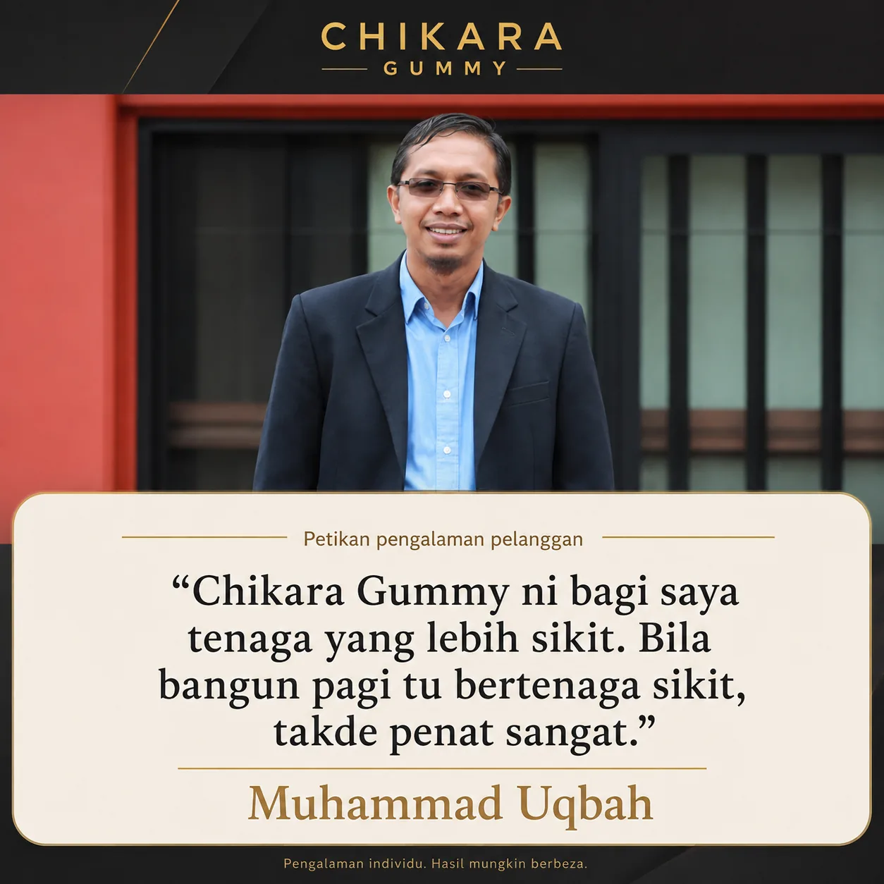 Poster petikan pengalaman pelanggan CHIKARA Gummy — Muhammad Uqbah